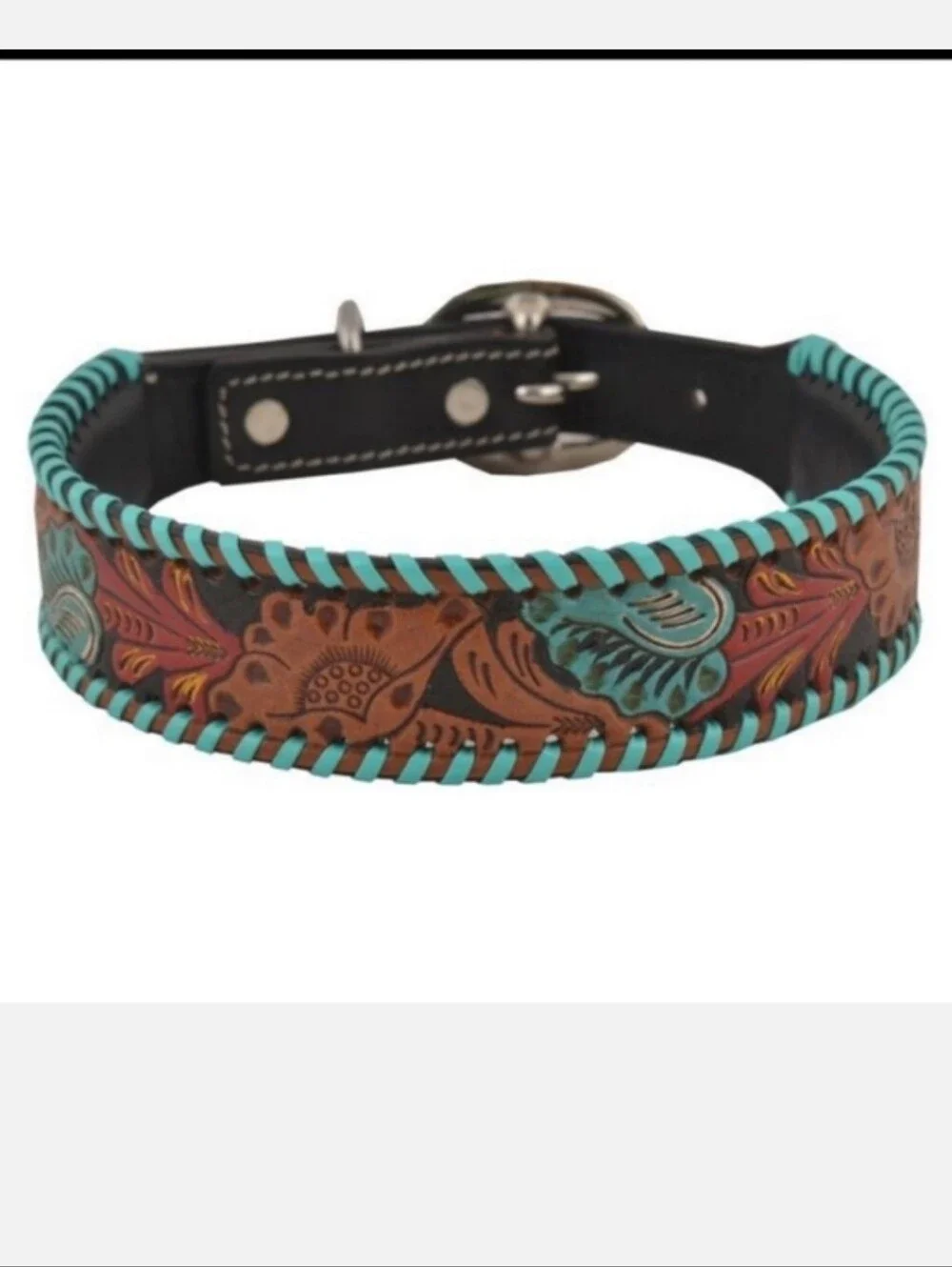 Turquoise Floral Leather Dog Collar - Stylish Pet Accessory